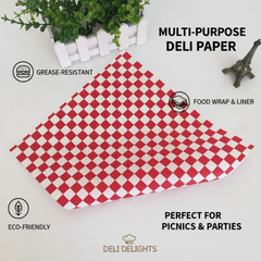 43gsm Red Plaid Greaseproof Baking Paper, Premium Non-Stick Deli Sheets, Oil Proof Disposable Food Wrap for Catering