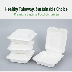 9 Inch Single Compartment White Bagasse Lunch Box - Biodegradable Sugarcane Fiber Clamshell Food Container