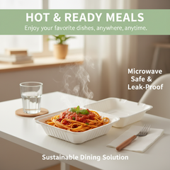 9 Inch Single Compartment White Bagasse Lunch Box - Biodegradable Sugarcane Fiber Clamshell Food Container