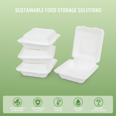 9 Inch Single Compartment White Bagasse Lunch Box - Biodegradable Sugarcane Fiber Clamshell Food Container