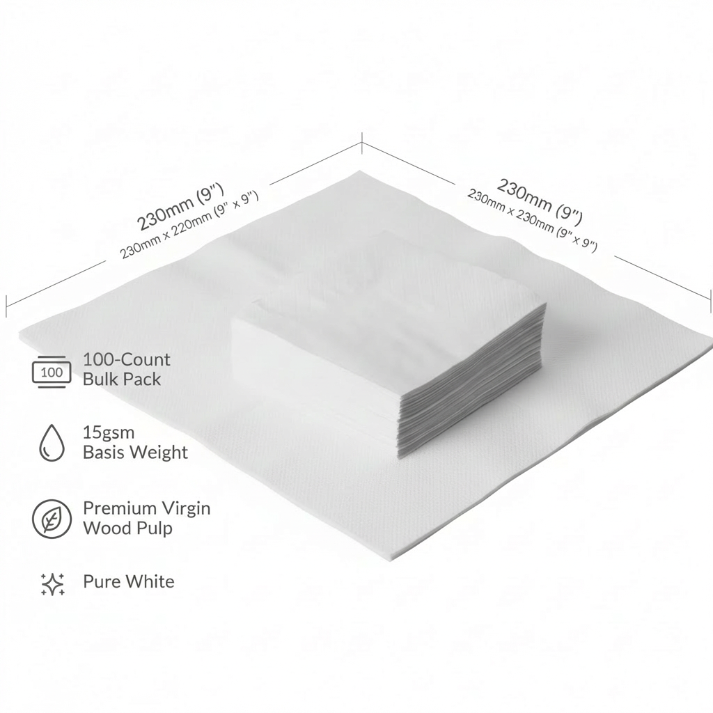 Soft 2-Ply White Paper Napkins | 230mm x 230mm (9" x 9") | 15gsm | 5000-carton