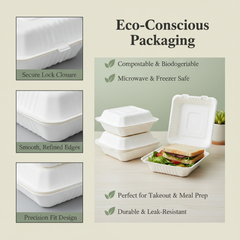 9 Inch Single Compartment White Bagasse Lunch Box - Biodegradable Sugarcane Fiber Clamshell Food Container