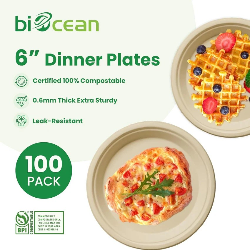 6" Round Natural Compostable Sugarcane Bagasse Plates - 100/Pack