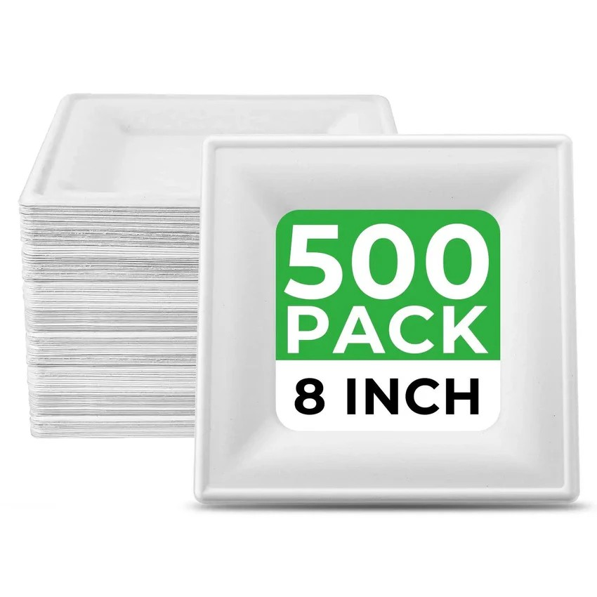 8"square white compostable sugarcaneBagasse Plates-500/case