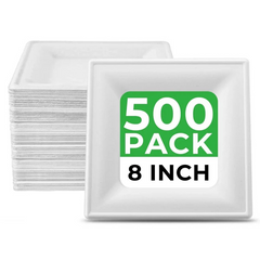 8"square white compostable sugarcaneBagasse Plates-500/case